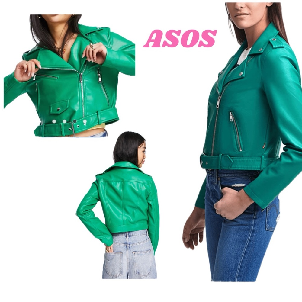 ASOS Women's Vibrant Green vegan‎ Leather Moto Jacket